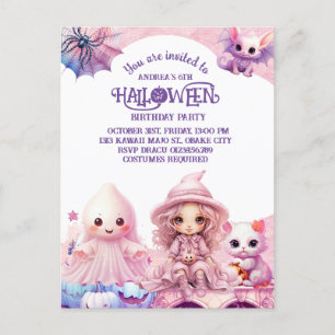 Invitation Carte Postale Anniversaire d'Halloween rose Kawaii