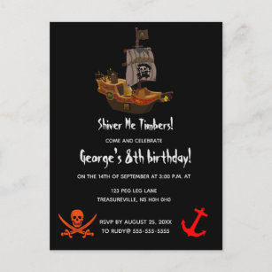 Invitation Carte Postale Anniversaire du piratage des bois de Shiver Me