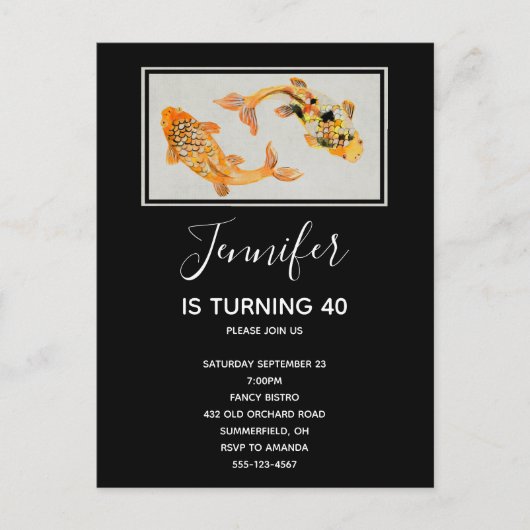 Invitation Carte Postale Anniversaire élégant de Gold Koi Poisson (Devant)