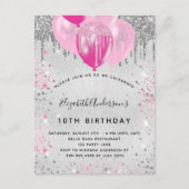 Invitation Carte Postale Anniversaire fête argent rose gouttes ballons fill (Devant)