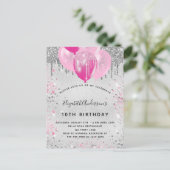 Invitation Carte Postale Anniversaire fête argent rose gouttes ballons fill (Debout devant)