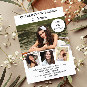 Invitation Carte Postale Anniversaire fête blanche rose or collage photo