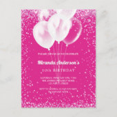 Invitation Carte Postale Anniversaire fille de fête chaude rose blanc ballo (Devant)