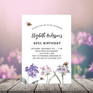 Invitation Carte Postale Anniversaire fleur sauvage violet abeilles roses
