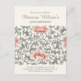 Invitation Carte Postale Anniversaire Floral William Morris style CC1282