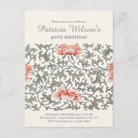 Invitation Carte Postale Anniversaire Floral William Morris style CC1282 (Devant)