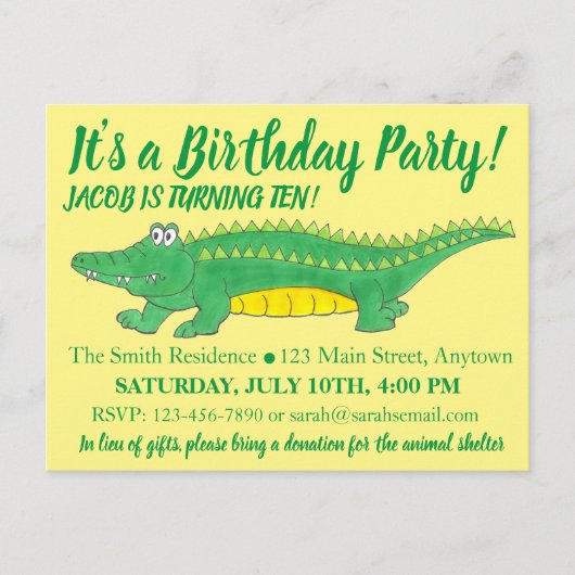 Invitation Carte Postale Anniversaire Jaune Alligator Vert Crocodile (Devant)