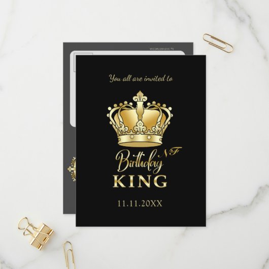 Invitation Carte Postale Anniversaire King Gold Couronne Royal Monogramme L (Devant/Arrière en situation)