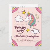 Invitation Carte Postale Anniversaire Licorne Arc-en-ciel Étoiles Mignon (Devant / Derrière)