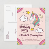 Invitation Carte Postale Anniversaire Licorne Arc-en-ciel Mignon Etoiles (Devant / Derrière)