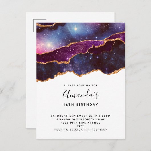 Invitation Carte Postale Anniversaire Moderne Espace Bleu & Violet & Étoile (Devant / Derrière)