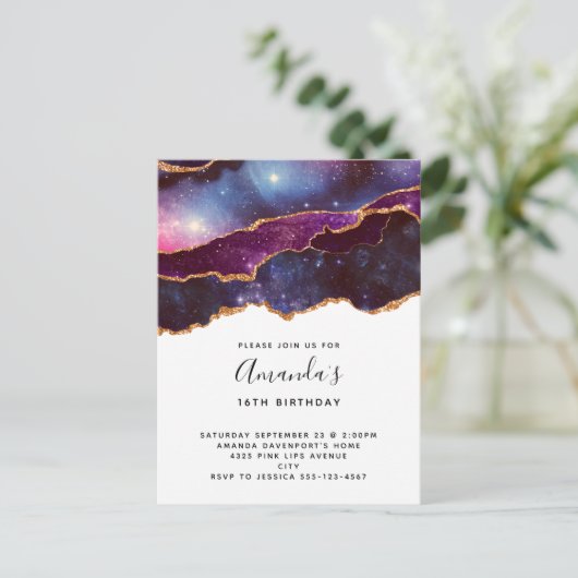 Invitation Carte Postale Anniversaire Moderne Espace Bleu & Violet & Étoile (Debout devant)