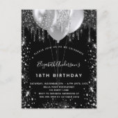 Invitation Carte Postale Anniversaire noir argent parties scintillant ballo (Devant)
