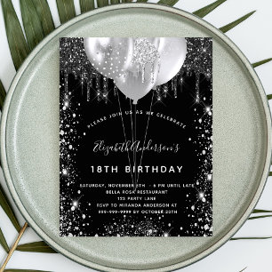 Invitation Carte Postale Anniversaire noir argent parties scintillant ballo