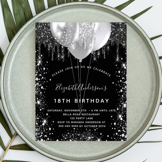 Invitation Carte Postale Anniversaire noir argent parties scintillant ballo
