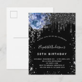 Invitation Carte Postale Anniversaire noir argent parties scintillant bleu (Devant / Derrière)