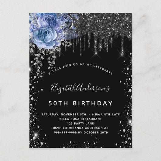 Invitation Carte Postale Anniversaire noir argent parties scintillant bleu (Devant)