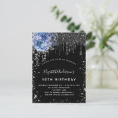 Invitation Carte Postale Anniversaire noir argent parties scintillant bleu (Debout devant)