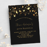 Invitation Carte Postale Anniversaire noir étoiles d'or soirée élégante<br><div class="desc">Une élégante invitation à l'anniversaire pour les femmes et les hommes. Arrière - plan noir,  décoré d'étoiles dorées. Personnalisez et ajoutez votre nom et les détails de votre fête.</div>