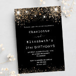 Invitation Carte Postale Anniversaire noir or parties scintillant deux pers<br><div class="desc">Une invitation moderne, élégante et glamour pour deux femmes de 21e anniversaire (ou n'importe quel âge) Un arrière - plan noir décoré avec des éclats de faux or foncé. Personnalisez et ajoutez les noms et les détails de la fête. Une invitation pour deux personnes célébrant ensemble, jumeaux, soeurs ou amis....</div>