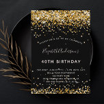 Invitation Carte Postale Anniversaire noir parties scintillant or glamour f<br><div class="desc">Une invitation moderne, élégante et glamour pour une fête d'anniversaire de 40ème (ou tout âge). Un arrière - plan noir décoré avec de la poussière de parties scintillant en faux or. Le nom est écrit avec un script de style moderne écrit à la main. Personnalisez et ajoutez les détails de...</div>