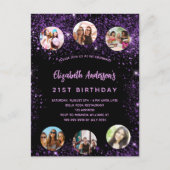 Invitation Carte Postale Anniversaire noir violet mousseux photo amis (Devant)