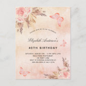Invitation Carte Postale Anniversaire papillon pampas herbe blush boho (Devant)