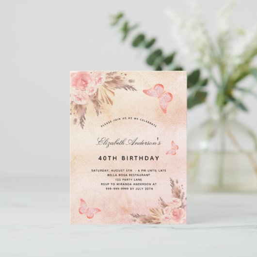 Invitation Carte Postale Anniversaire papillon pampas herbe blush boho (Debout devant)