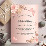 Invitation Carte Postale Anniversaire papillon pampas herbe blush or rose<br><div class="desc">Un arrière - plan rose à gradient or. Décoré de fleurs roses d'or et de rose,  de roses,  d'herbe de pampas et de papillons. Personnalisez et ajoutez un nom et des détails du parti.</div>