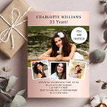 Invitation Carte Postale Anniversaire rose de fête d'or collage photo<br><div class="desc">Créez votre propre collage photo unique. Utilisez quatre,  4 de vos photos préférées. Personnalisez et ajoutez un nom et des détails du parti. arrière - plan de dégradé d'or rose,  texte noir.</div>