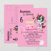 Invitation Carte Postale Anniversaire rose mignon Unicorn (Devant / Derrière)
