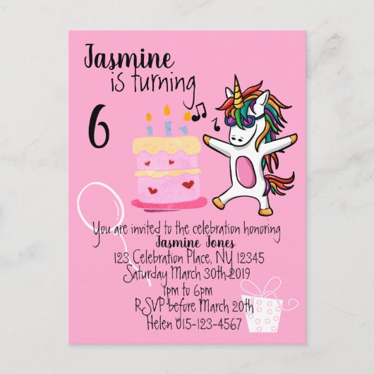 Invitation Carte Postale Anniversaire rose mignon Unicorn (Devant)