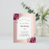 Invitation Carte Postale Anniversaire rose or bordeaux floral (Debout devant)