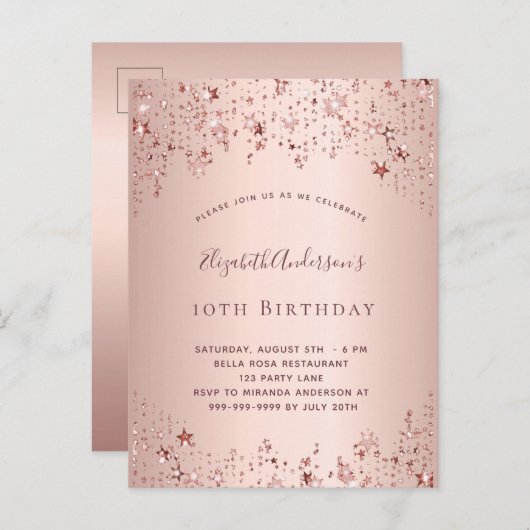 Invitation Carte Postale Anniversaire rose or étoiles princier girly (Devant / Derrière)