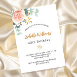 Invitation Carte Postale Anniversaire rose or fleuri eucalyptus verdure<br><div class="desc">Une invitation élégante pour une fête d'anniversaire de 40e (ou tout âge). Un arrière - plan blanc chic. Décoré d'or rose et de rose pastel rose vif, de fleurs roses, de feuilles d'eucalyptus verts, de sprigs, de verdure et d'une fausse feuille d'or. Personnalisez et le nom et les détails du...</div>