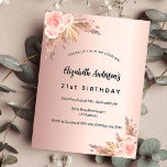 Invitation Carte Postale Anniversaire rose or pampas herbe fleurie boho<br><div class="desc">Pour une fête d'anniversaire moderne de style boho 21ème (ou tout âge). Un arrière - plan rose en or. Décoré de fleurs roses d'or et de rose,  de roses et d'herbe de pampas. Personnalisez et ajoutez un nom et des détails du parti.</div>