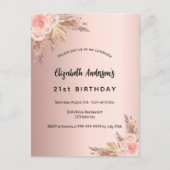 Invitation Carte Postale Anniversaire rose or pampas herbe fleurie boho (Devant)