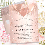Invitation Carte Postale Anniversaire rose or parties scintillant largue ba<br><div class="desc">Pour une soirée d'anniversaire élégante de 21e (ou tout âge). Un arrière - plan rose à l'apparence métallique. Décoré d'or rose, de gouttes de parties scintillant rose, de la peinture goutte à goutte et des ballons. Personnalisez et ajoutez un nom, 21 ans et les détails de la fête. Le nom...</div>