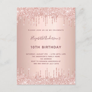 Invitation Carte Postale Anniversaire rose parties scintillant or goutte ro