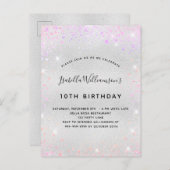 Invitation Carte Postale Anniversaire rose rose violet parties scintillant (Devant / Derrière)