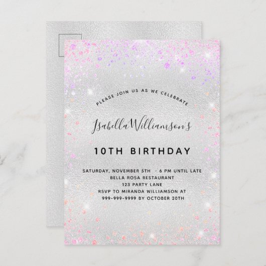 Invitation Carte Postale Anniversaire rose rose violet parties scintillant (Devant / Derrière)