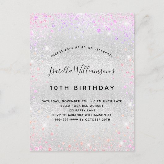 Invitation Carte Postale Anniversaire rose rose violet parties scintillant (Devant)