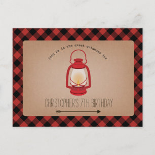 Invitation Carte Postale Anniversaire rouge de camping de lanterne de plaid