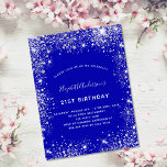 Invitation Carte Postale Anniversaire royal bleu argent parties scintillant<br><div class="desc">Une invitation moderne, élégante et glamour pour une fête d'anniversaire de 21e (ou tout âge). Un arrière - plan bleu royal, décoré avec de la poussière de parties scintillant en faux argent. Personnalisez et ajoutez votre nom et les détails de votre fête. Dos : bleu royal, design de carte postale....</div>