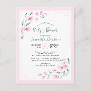 Invitation Carte Postale Aquarelle à la menthe rose budget Baby shower flor