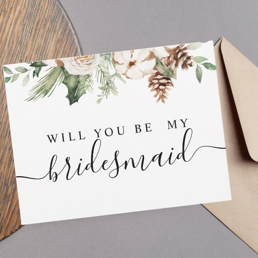 Invitation Carte Postale Aquarelle Arbre de pin vert d'hiver et fleurs blan