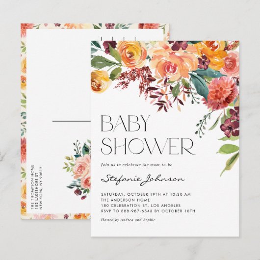 Invitation Carte Postale Aquarelle Baby shower de fleurs de automne rustiqu (Devant / Derrière)