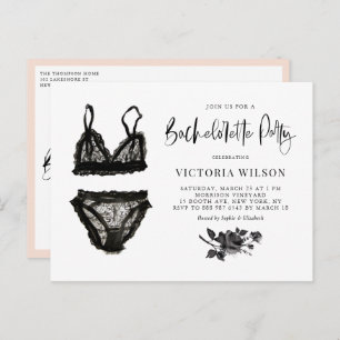 Invitation Carte Postale Aquarelle Black Lace Lingerie Bachelortie