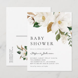 Invitation Carte Postale Aquarelle blanc Magnolia Baby shower rustique