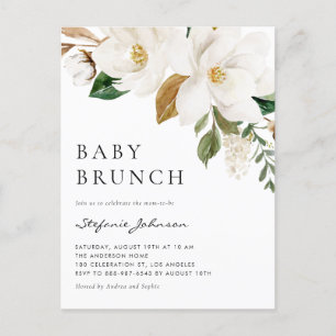 Invitation Carte Postale Aquarelle Blanc Magnolia Rustique Bébé Brunch
